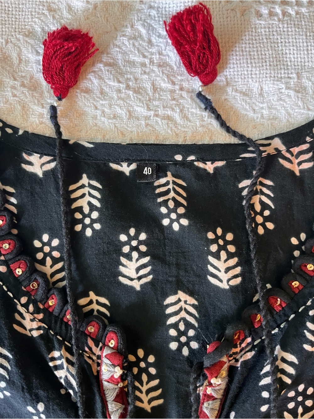 Boho Black Tunic Dress with Red Tassels & Beadwork, Swim Cover-up or Party - Picture 4 of 8